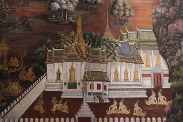 The Ramakien (Ramayana) mural paintings along the galleries of the Temple of the Emerald Buddha, grand palace or wat phra kaew Bangkok Thailand
