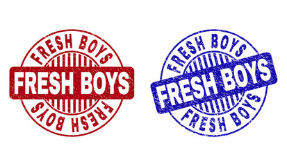 Grunge FRESH BOYS round stamp seals isolated on a white background. Round seals with grunge texture in red and blue colors. Vector rubber imprint of FRESH BOYS label inside circle form with stripes.