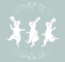 Fototapeta na wymiar Collection of Easter Bunny characters from different poses. Happy running and dancing bunnies. Flower frame silhouette