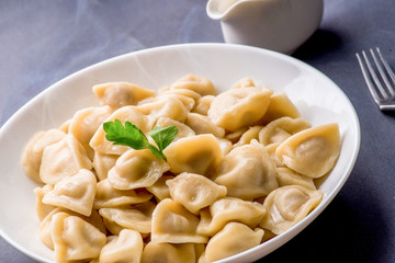 boiled dumplings with filling and sauce on the plate. Steam over a plate