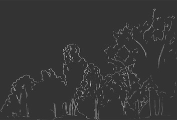 Trees and bushes sketch. Landscape linear drawing. Hand drawn illustration. Forest on white background. Black Line style design. Wild nature.