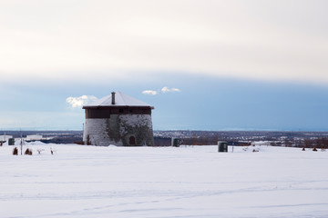 Early 19th Century Martello Tower 1 in the Plains of Abraham during a cloudy winter early morning,...