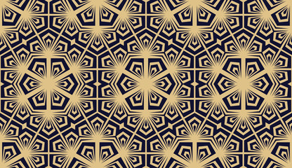 Flower geometric pattern. Seamless vector background. Dark blue and gold ornament. Ornament for fabric, wallpaper, packaging. Decorative print