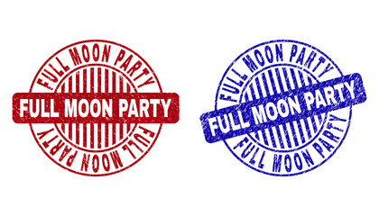 Grunge FULL MOON PARTY round stamp seals isolated on a white background. Round seals with distress texture in red and blue colors.