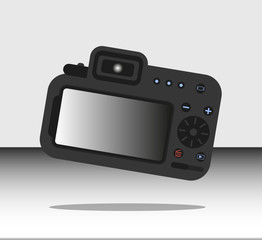 Realistic professional camera with button and display. Vector illustration.