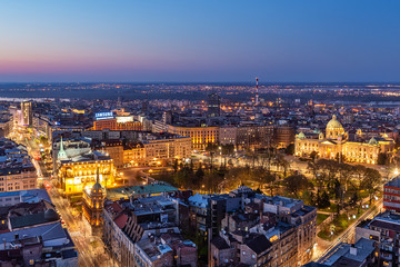 Belgrade, Serbia March 31, 2019: Aerial Shot of Terazije square and Palace of Albania in the central town and the surrounding neighborhood of Belgrade. It is located in the municipality of Stari Grad.