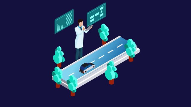 Self-driving car flat isometric 4K video with alpha of intelligent controlled car on the road.