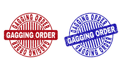 Grunge GAGGING ORDER round stamp seals isolated on a white background. Round seals with distress texture in red and blue colors.