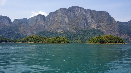 tropical landscape on chiao lan lake in khao sok