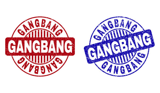 Grunge GANGBANG round stamp seals isolated on a white background. Round seals with grunge texture in red and blue colors. Vector rubber watermark of GANGBANG label inside circle form with stripes.