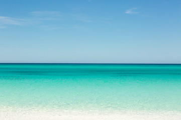 Beautiful view of the Caribbean Sea. Skyline clear blue sky and azure water. Dominican Republic. Beautiful beach. Rest and relaxation