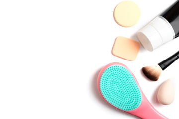 Set of professional decorative cosmetics, makeup and beauty tools and accessory on white background with copy space - beauty, fashion, party and shopping concept, flat lay