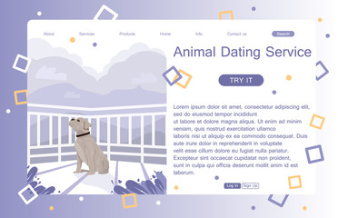 Landing page of animal (pet) dating service. Concept of web page design for website and mobile website. Vector illustration in flat style with big dog illustration