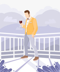 A man in a classic suit with a glass of wine on the balcony, mountains in the background. Illustration in flat style.