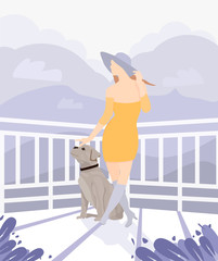 A girl in a hat, with a dog, is standing on the balcony, against the backdrop of the mountains. Illustration in flat style.