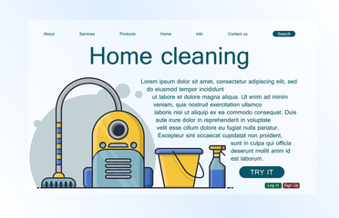 Landing page home cleaning. Vacuum cleaner, bucket and spray cleaner. Concept of web page design for website and mobile website. Vector illustration.