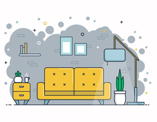 Living room with furniture. A sofa, a bedside table with houseplants, a floor lamp, pictures and a mug with a hot drink. Flat style vector illustration.