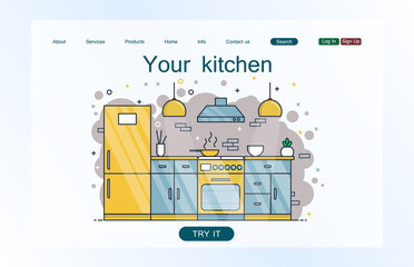 Landing page template of your kitchen. Concept of web page design for website and mobile website. Vector illustration.