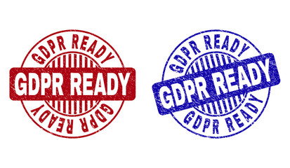 Grunge GDPR READY round stamp seals isolated on a white background. Round seals with grunge texture in red and blue colors. Vector rubber imitation of GDPR READY tag inside circle form with stripes.