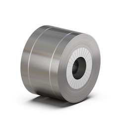 sheet steel roll wrapped with packing tape. Metal rolling production. 3D rendering.