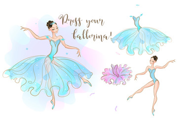 Set for girls. A ballerina doll and a set of clothes made of two dresses. Vector.