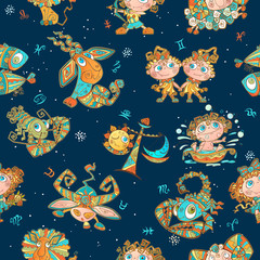 Seamless pattern with zodiac signs for kids. Vector. zodiac circles.