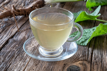 Burdock tea with burdock root and leaves in the background