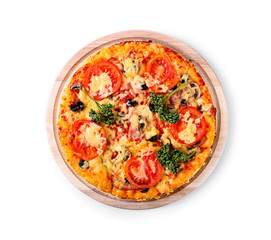 Tasty homemade italian pizza on a thick white crusty garnished with fresh curly parsley overhead view isolated on white -