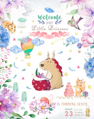 Cute happy birthday card with cartoon Deer. Watercolor fairy clip art and beauty boho pink flowers, floral. lamp light and leaf for greeting card on white background.