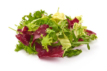 Salad mix with rucola, frisee, radicchio and lamb's lettuce, close-up, isolated on white background