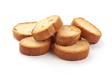 Freshly baked tasty crackers, close-up, isolated on white background