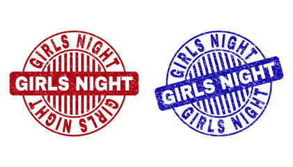 Grunge GIRLS NIGHT round stamp seals isolated on a white background. Round seals with distress texture in red and blue colors.