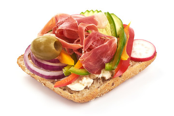 Jamon, Ham, Prosciutto, open sandwich, close-up, isolated on white background