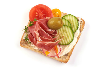 Jamon, Ham, Prosciutto, open sandwich, close-up, isolated on white background