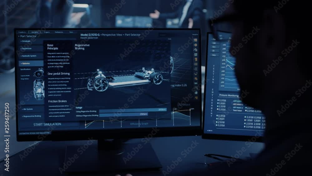 Poster professional engineer works on a computer with a 3d cad software and tests the electric car chassis 