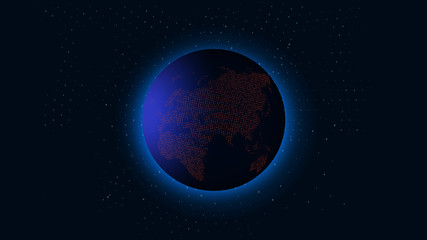 Abstract continent map created by binary code. Orange bytes of binary code, flying over the ground map, code background