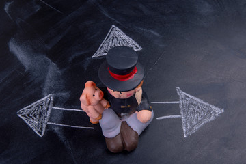 Chimney sweep on a board with arrows