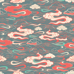 Illustration of stylized, abstract red, aqua, cream and olive clouds