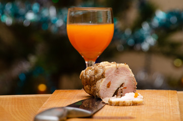Still life with baked ham and juice