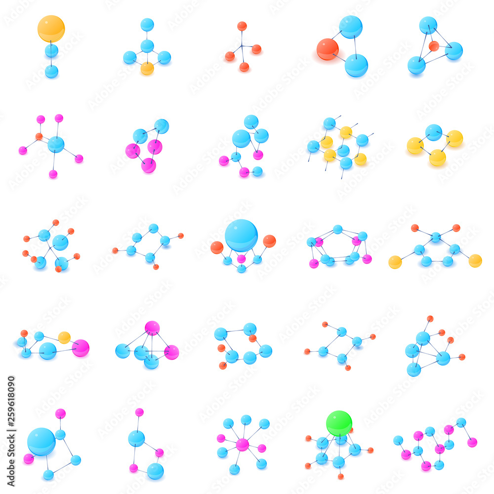 Poster chemical element icons set. isometric set of 25 chemical element vector icons for web isolated on wh