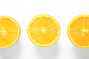 Juicy oranges on white background, top view