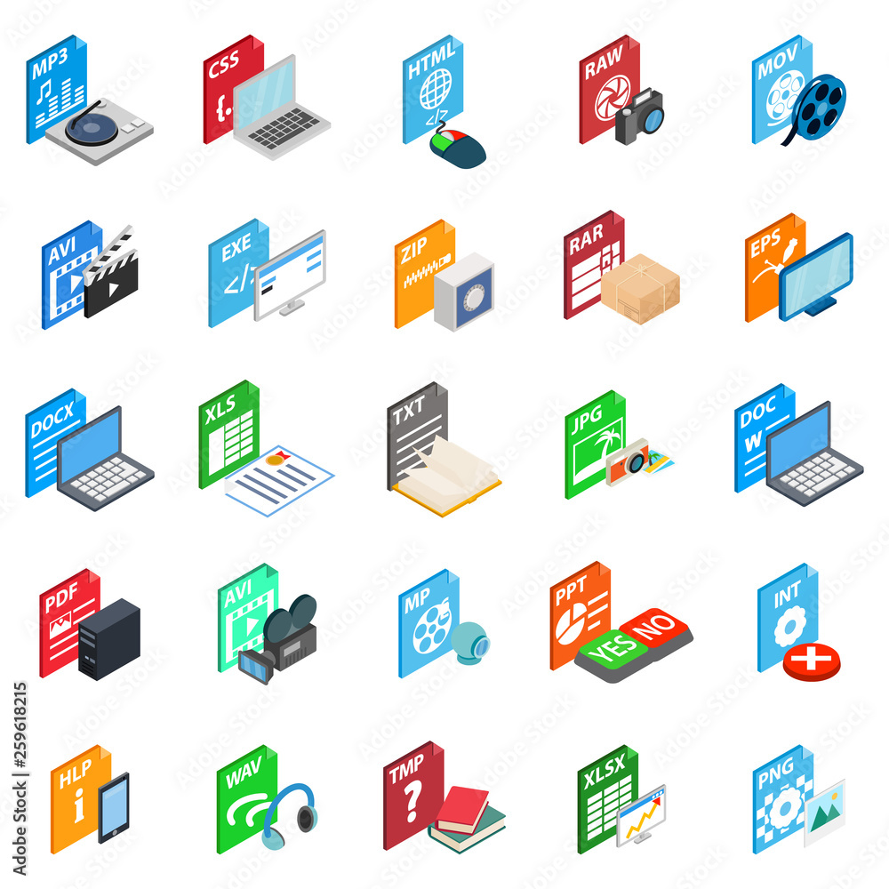 Aufkleber format icons set. isometric set of 25 format vector icons for web isolated on white background