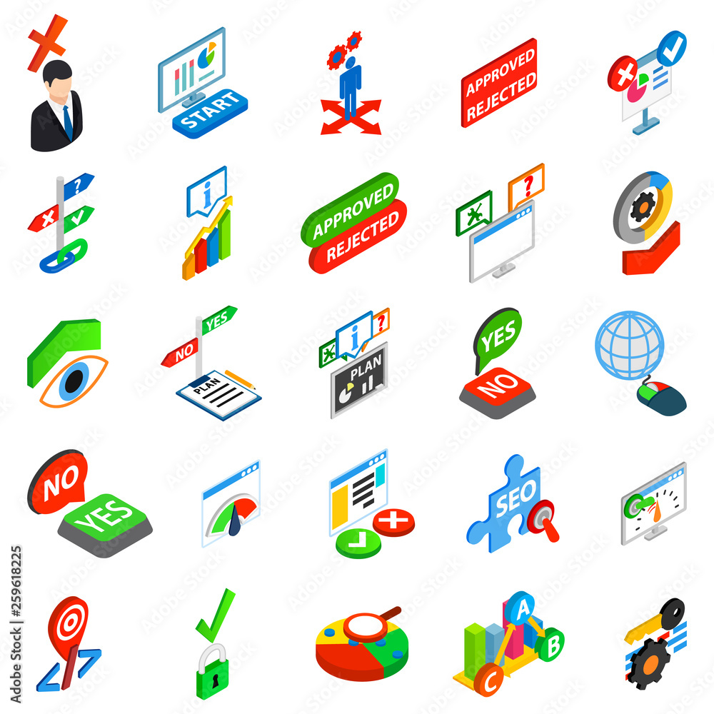 Poster answer icons set. isometric set of 25 answer vector icons for web isolated on white background
