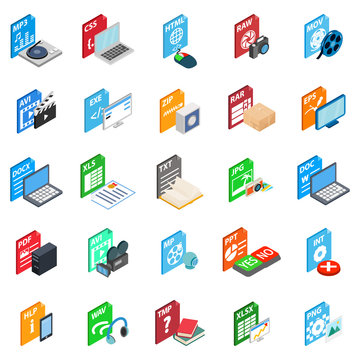 Format icons set. Isometric set of 25 format vector icons for web isolated on white background