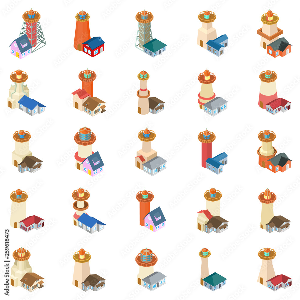 Poster lighthouse icons set. isometric set of 25 lighthouse vector icons for web isolated on white backgrou