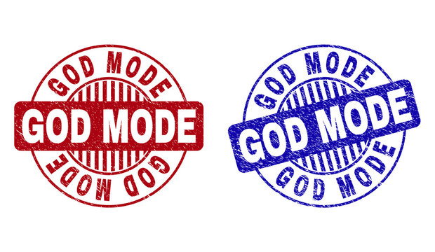 Grunge GOD MODE round stamp seals isolated on a white background. Round seals with grunge texture in red and blue colors. Vector rubber watermark of GOD MODE caption inside circle form with stripes.