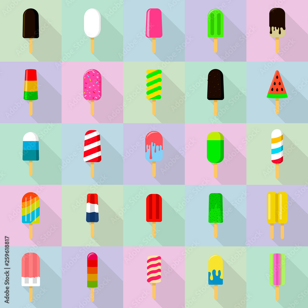 Poster popsicle icons set. flat set of popsicle vector icons for web design