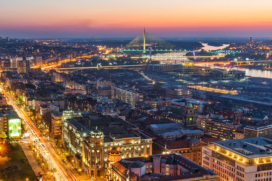 Belgrade, Serbia March 31, 2019: Panorama of Belgrade at night. Aerial Shot of Belgrade.