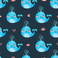Seamless background with funny whales