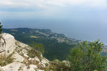 Fototapeta na wymiar Birds-eye view of the villages of Koreiz and Gaspra in the suburbs of Yalta. Crimean resorts on the black sea